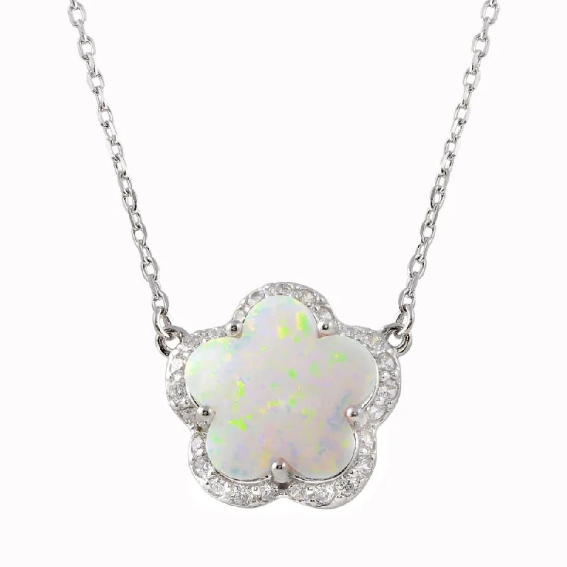 Best necklaces and pendants with oval pendants for a classic, elegant shape-Rhodium Plated 925 Sterling Silver Opal and CZ Flower Necklace - BGP01343