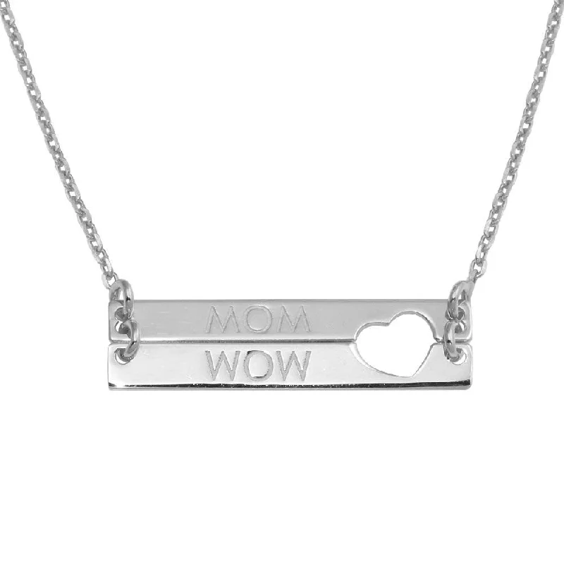 Necklaces and pendants with engraved messages for a deeply personal, sentimental gift-Rhodium Plated 925 Sterling Silver Bar Open Heart MOM Necklace - SOP00115