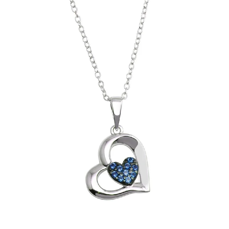 Stunning necklaces and pendants with amethyst gemstones for a calming effect-Rhodium Plated 925 Sterling Silver Heart Pendant Necklace with Blue CZ - BGP01292BLU