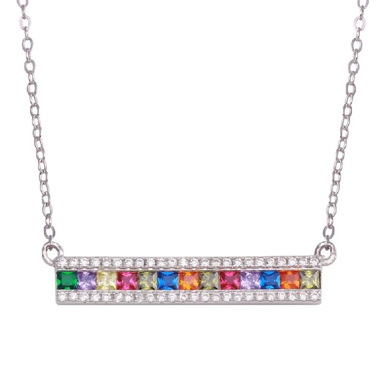 Fashionable necklaces and pendants with birthstones for a personalized gift idea-Rhodium Plated 925 Sterling Silver Rainbow Multi Color CZ Bar Necklace - STP01740