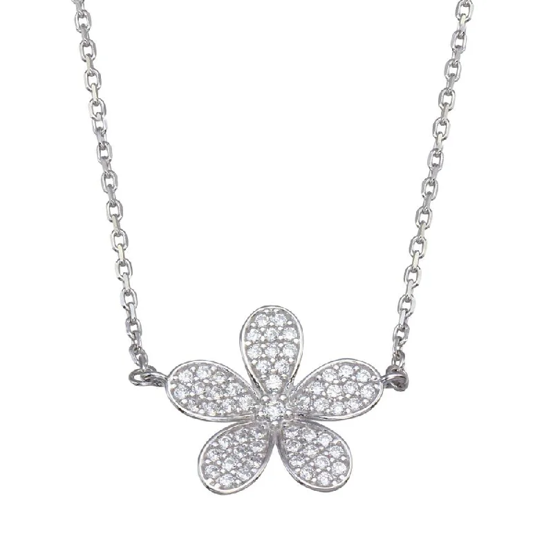 Unique necklaces and pendants with artistic shapes for a creative, one-of-a-kind design-Rhodium Plated 925 Sterling Silver CZ Flower Necklace - GMN00098