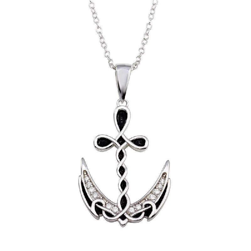 Necklaces and pendants with custom engravings for a personal, meaningful gift-Rhodium Plated 925 Sterling Silver Celtic Design Anchor CZ Necklace - BGP01352