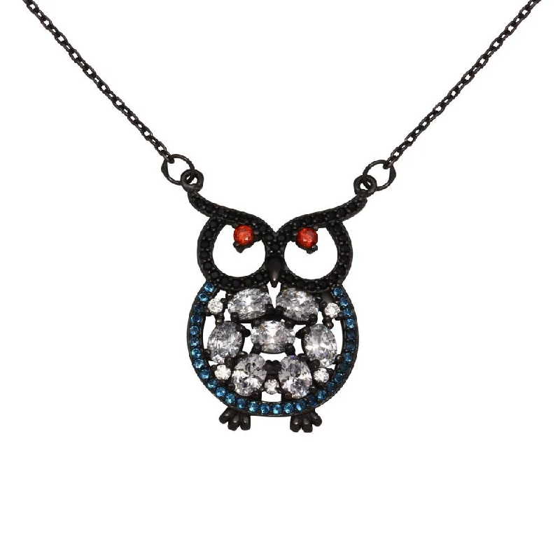 Best necklaces and pendants with opal and gold for a vibrant, luxurious contrast-Black Rhodium Plated 925 Sterling Silver Multi-Colored Owl CZ Necklace - BGP01270