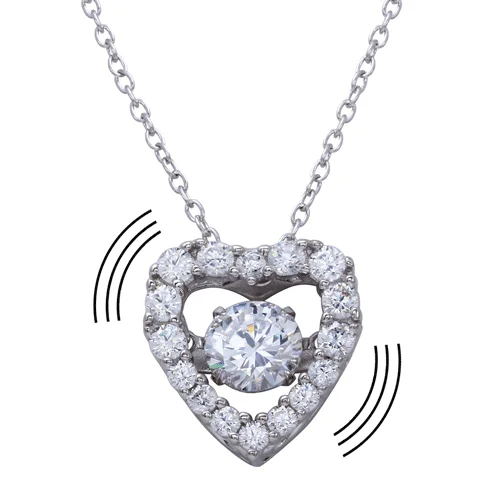 Necklaces and pendants with custom engravings for a personal, meaningful gift-Rhodium Plated 925 Sterling Silver Open Heart CZ Pendant Necklace with Dancing CZ - STP01634