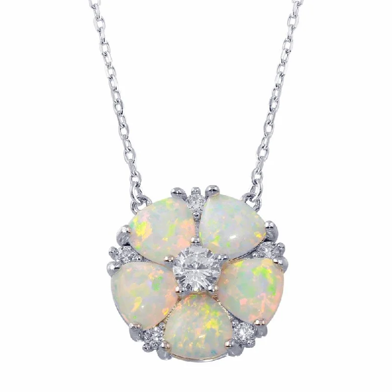 Stunning necklaces and pendants with ruby and diamond combinations for a luxurious effect-Rhodium Plated 925 Sterling Silver Opal and CZ Round Flower Necklace - BGP01342