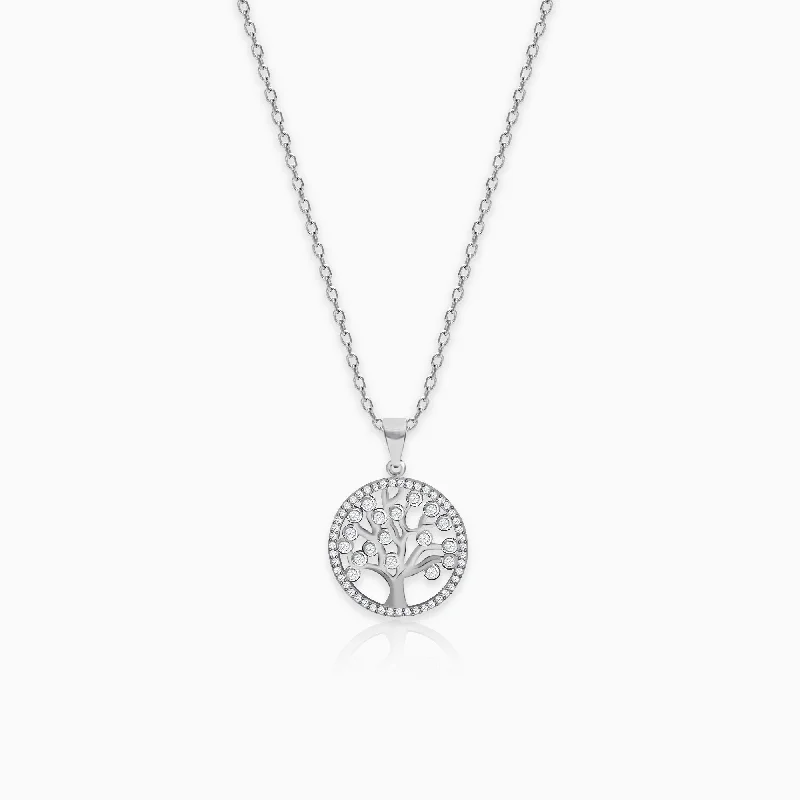 Necklaces and pendants with lock and key designs for a symbolic gesture-Silver Zircon Tree of Life Pendant with Link Chain