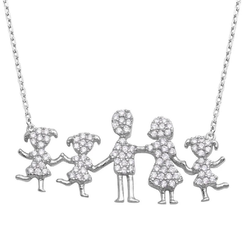 Elegant necklaces and pendants with onyx stones for a sleek, polished look-Rhodium Plated 925 Sterling SilverMom, Dad, and 3 Daughters Family Necklace with CZ - GMN00068