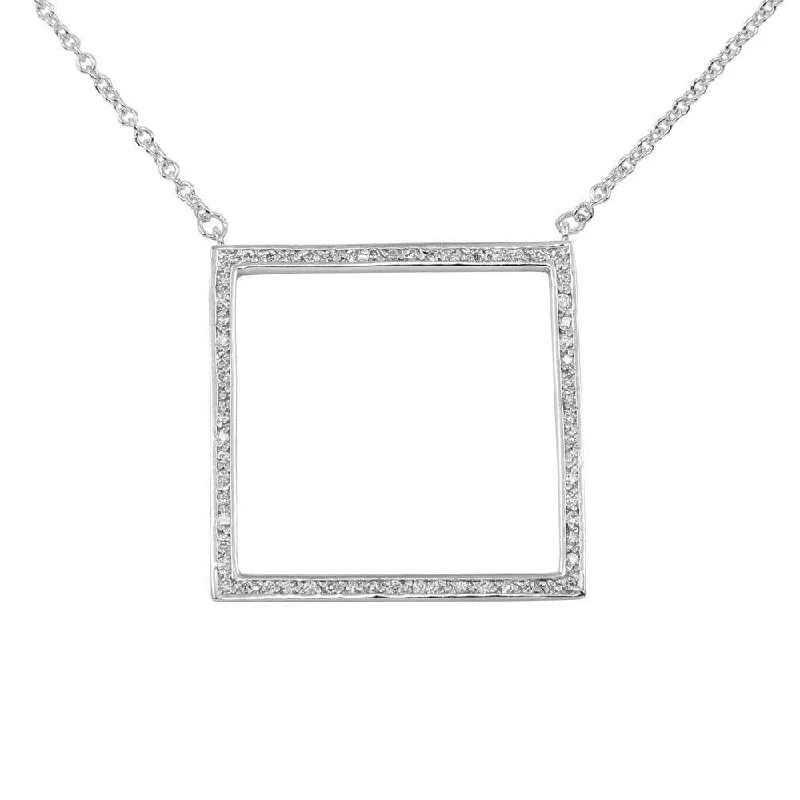 Best necklaces and pendants with intricate beadwork for a bohemian-inspired look-Clearance-Rhodium Plated 925 Sterling Silver Large Open Square Pendant Necklace with CZ - N000006