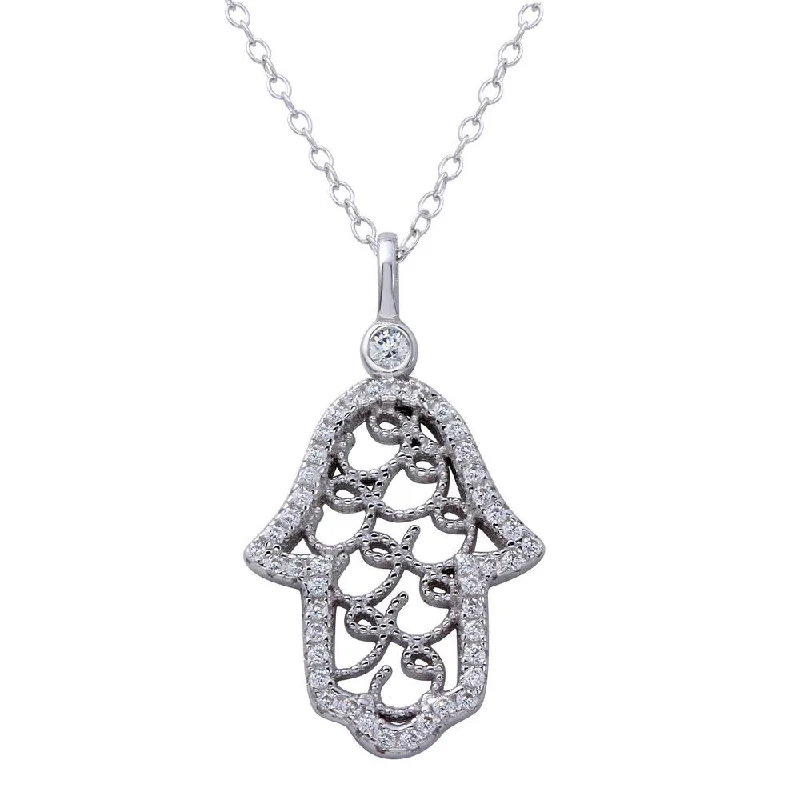 Stylish necklaces and pendants with diamonds for a glamorous and elegant look-Rhodium Plated 925 Sterling Silver Hamsa Hand CZ Border Necklace - BGP01269