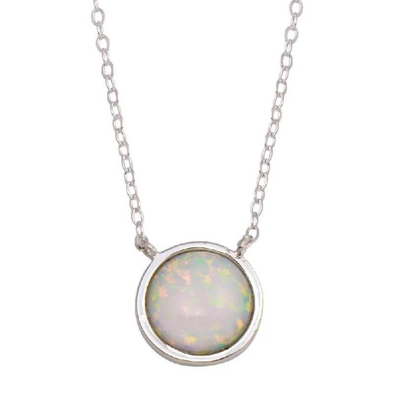 Best necklaces and pendants with opal gemstones for an iridescent glow-Rhodium Plated 925 Sterling Silver Disc Synthetic Opal Necklace with CZ - STP01744