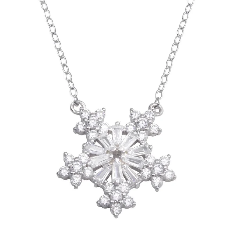 Layered necklaces and pendants for a trendy and fashionable stacked look-Rhodium Plated 925 Sterling Silver Snow Flakes CZ Necklace - STP01731