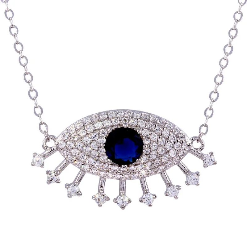 Best necklaces and pendants for weddings with matching designs for bride and groom-Rhodium Plated 925 Sterling Silver Large Evil Eye Pendant Necklace with Clear and Blue CZ - STP01758