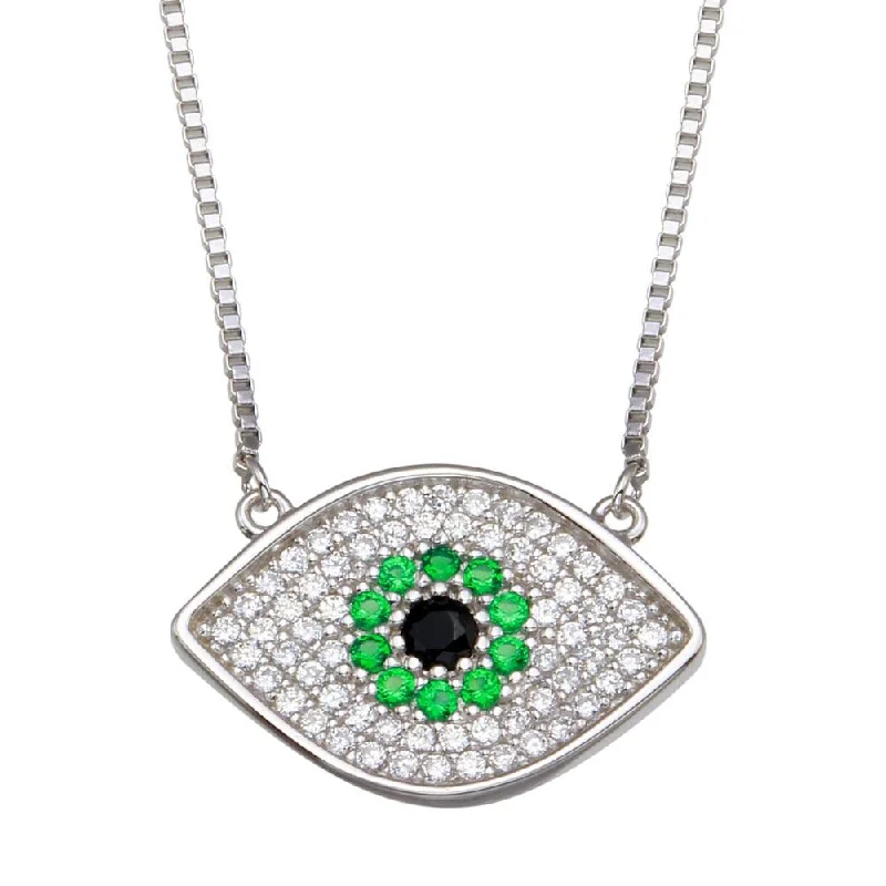 Simple necklaces and pendants with bar pendants for a sleek modern design-Rhodium Plated 925 Sterling Silver Evil Eye Necklace with Green and Clear CZ - GMN00084