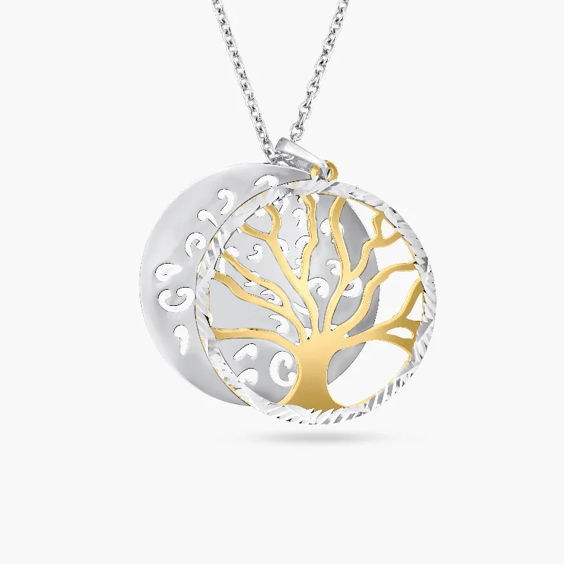 Stunning necklaces and pendants with turquoise and gold for a vibrant, earthy look-Two-Tone 925 Sterling Silver Round Tree Pendant Necklace - SOP00064