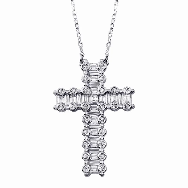 Beautiful necklaces and pendants with geometric shapes for a modern, artistic design-Rhodium Plated 925 Sterling Silver CZ Cross Necklace -BGP01346