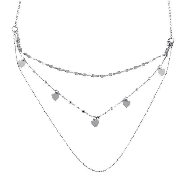 Best necklaces and pendants with butterfly wings for a delicate, graceful style-Rhodium Plated 925 Sterling Silver Multi Chain Dangling Hearts Necklace - ECN00054RH