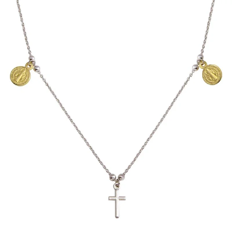 Necklaces and pendants with geometric pendants for a clean, contemporary design-Two-Tone 925 Sterling Silver Rhodium Gold Plated Cross With Religious Charms Necklace - ARN00049RH-GP