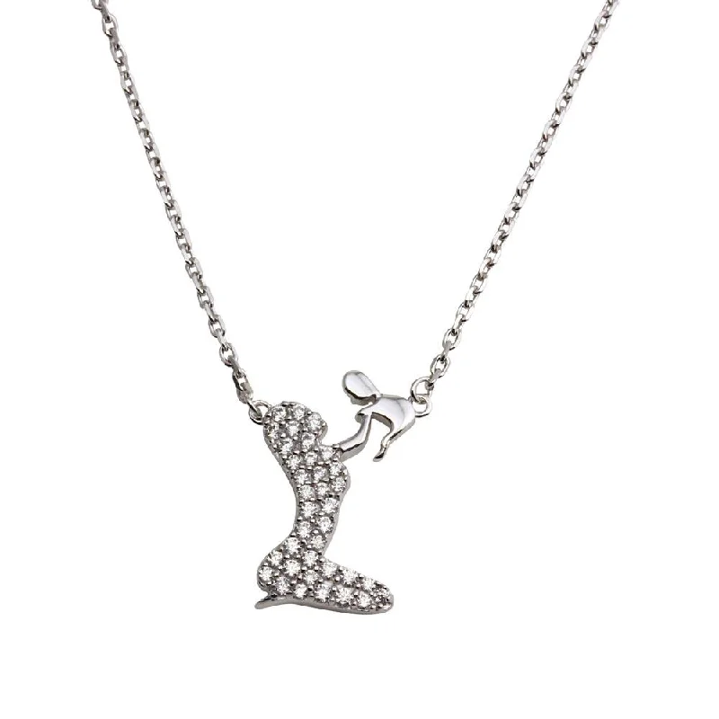 Necklaces and pendants with custom engravings for a personal, meaningful gift-Rhodium Plated 925 Sterling Silver Open CZ Playing Mom With Baby Family Necklace - GMN00051