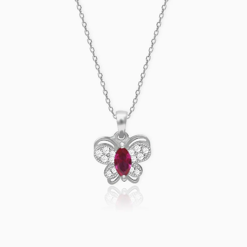 Unique necklaces and pendants with gemstones for a colorful and vibrant statement-Silver Pop Pink Studded Butterfly Pendant With Link Chain