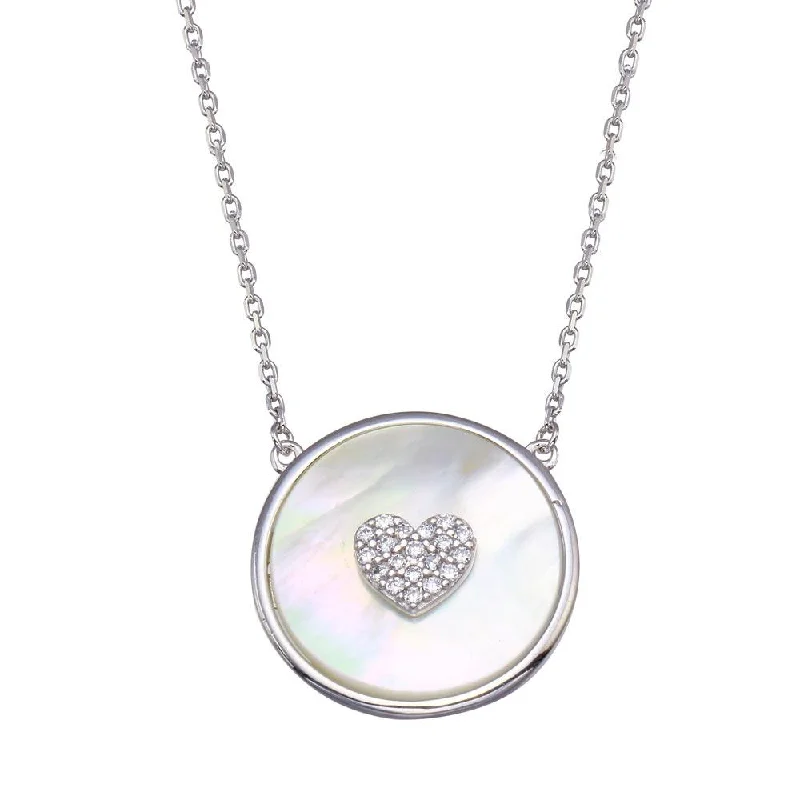 Layered necklaces and pendants for a trendy and fashionable stacked look-Rhodium Plated 925 Sterling Silver Mother Of Pearl Disc with CZ Heart Necklace - GMN00101