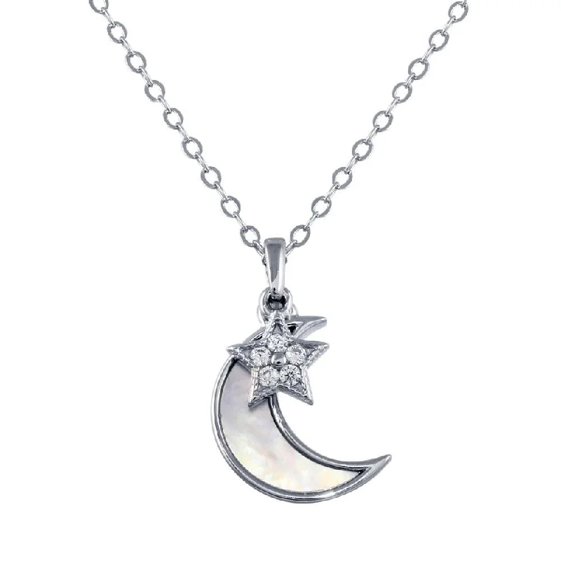 Best necklaces and pendants with glowing moonstone for an ethereal glow-Rhodium Plated 925 Sterling Silver CZ Synthetic Mother of Pearl Star and Crescent Moon Necklace - STP01756