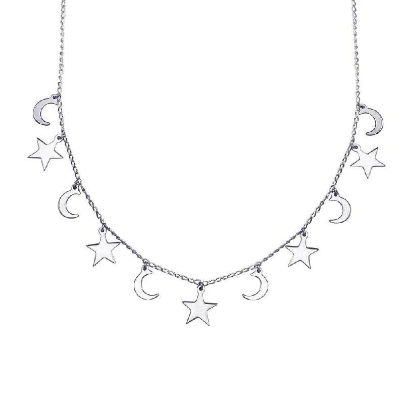 Best necklaces and pendants with adjustable chains for a customizable fit-Rhodium Plated 925 Sterling Silver Dangling Star and Moon Chain Necklace - DIN00106RH