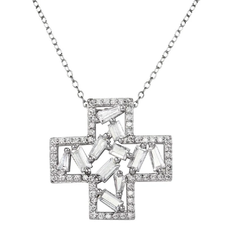 Necklaces and pendants with custom engravings for a personal, meaningful gift-Rhodium Plated 925 Sterling Silver Cross Pendant Necklace with CZ - STP01667