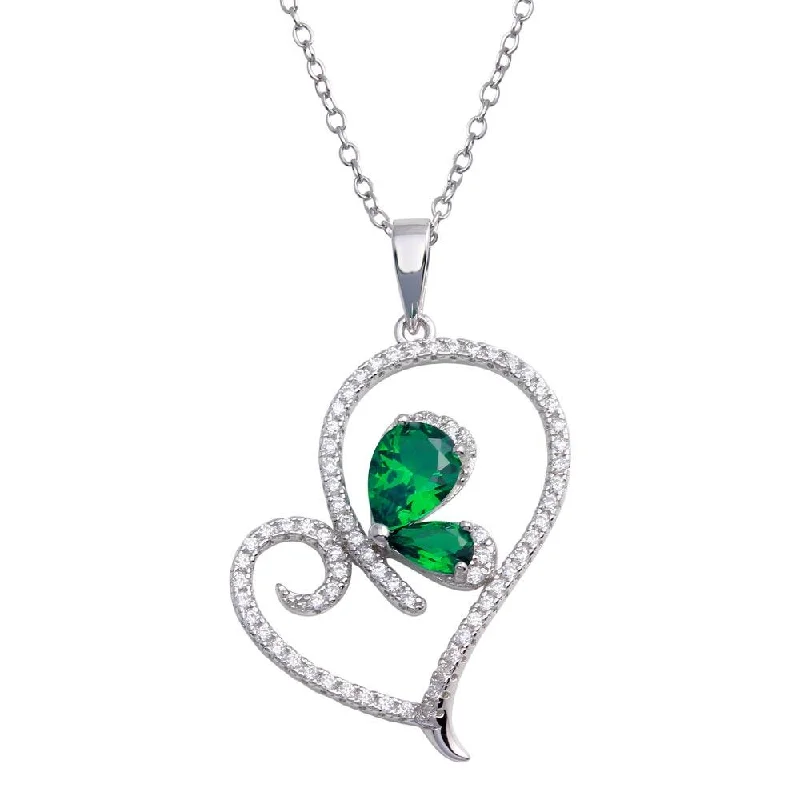 Necklaces and pendants with zodiac constellation designs for an astrological touch-Rhodium Plated 925 Sterling Silver Heart Pendant Necklace with Green CZ - BGP01311