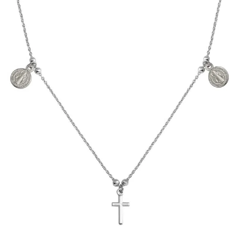 Best necklaces and pendants with glowing moonstone for an ethereal glow-Rhodium Plated 925 Sterling Silver Cross With Religious Charms Necklace - ARN00049RH