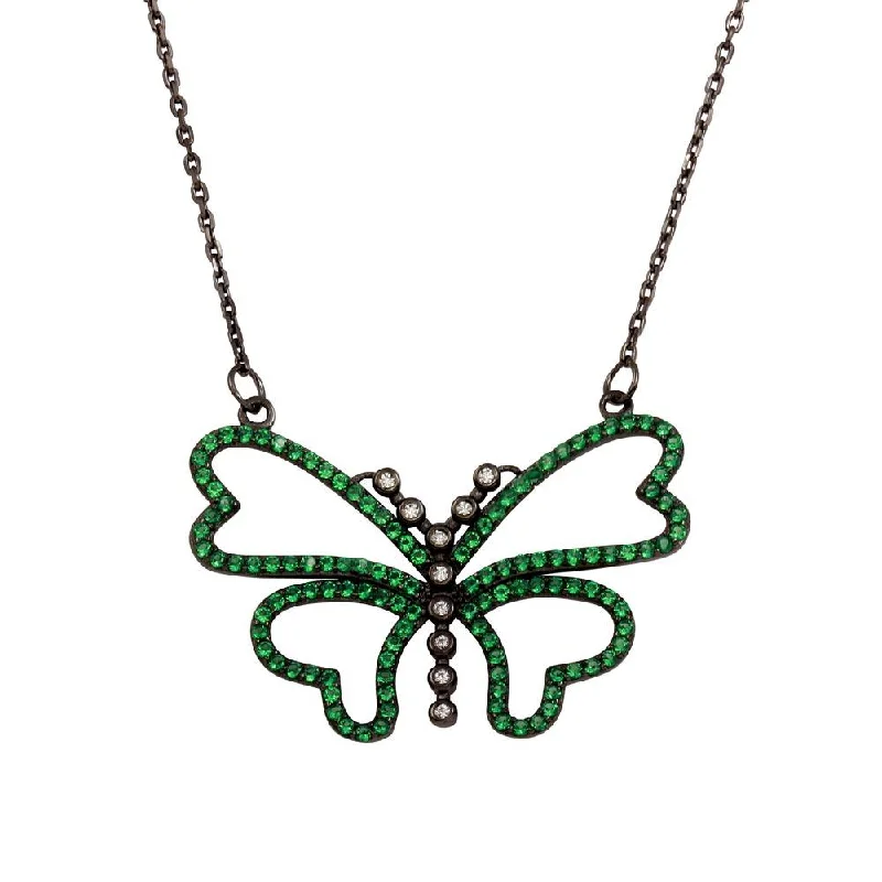 Best necklaces and pendants with silver chains for a sleek, timeless look-Black Rhodium Plated 925 Sterling Silver Green CZ Butterfly Pendant Necklace - BGP01304