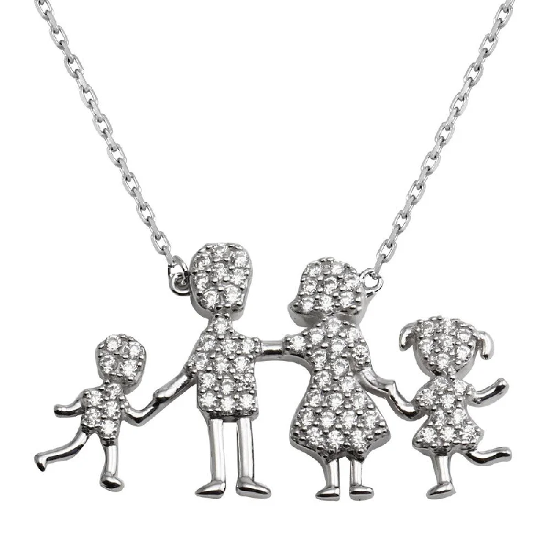 Best necklaces and pendants with seashell designs for a tropical, beachy vibe-Rhodium Plated 925 Sterling Silver CZ Mom, Dad, Baby Boy And Girl Family Necklace - GMN00041