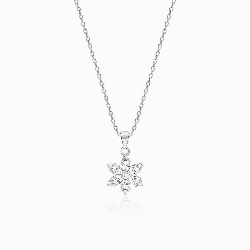 Necklaces and pendants with angel wing motifs for a spiritual, meaningful design-Silver Flowery Snowflake Pendant With Link Chain