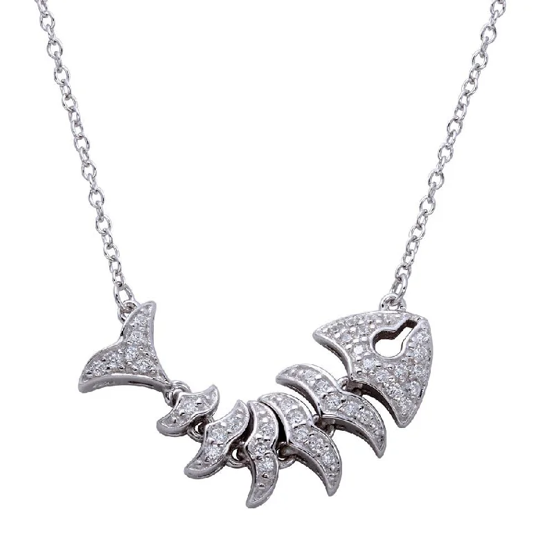 Unique necklaces and pendants with artistic shapes for a creative, one-of-a-kind design-Rhodium Plated 925 Sterling Silver Fish Skeleton Pendant Necklace - BGP01274