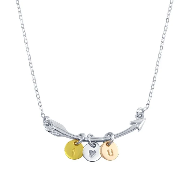 Layered necklaces and pendants for a trendy and fashionable stacked look-Three-Tone 925 Sterling Silver Plated I Love YOU Disc on Arrow Necklace - SOP00099