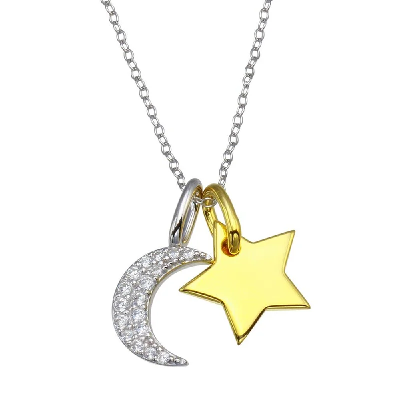 Personalized necklaces and pendants with name engravings for a custom touch-Rhodium Plated 925 Sterling Silver 2 Toned Star and Crescent Moon CZ Necklace - BGP01365