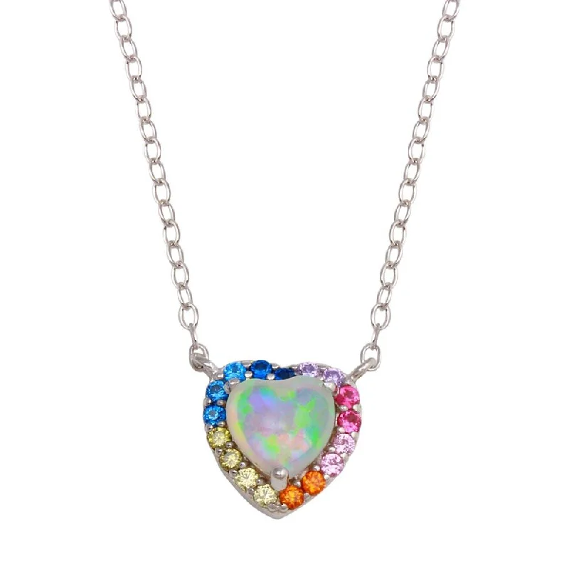 Trendy necklaces and pendants with geometric shapes for a modern aesthetic-Rhodium Plated 925 Sterling Silver Rainbow Multi Color CZ Opal Hearts Necklace - STP01736