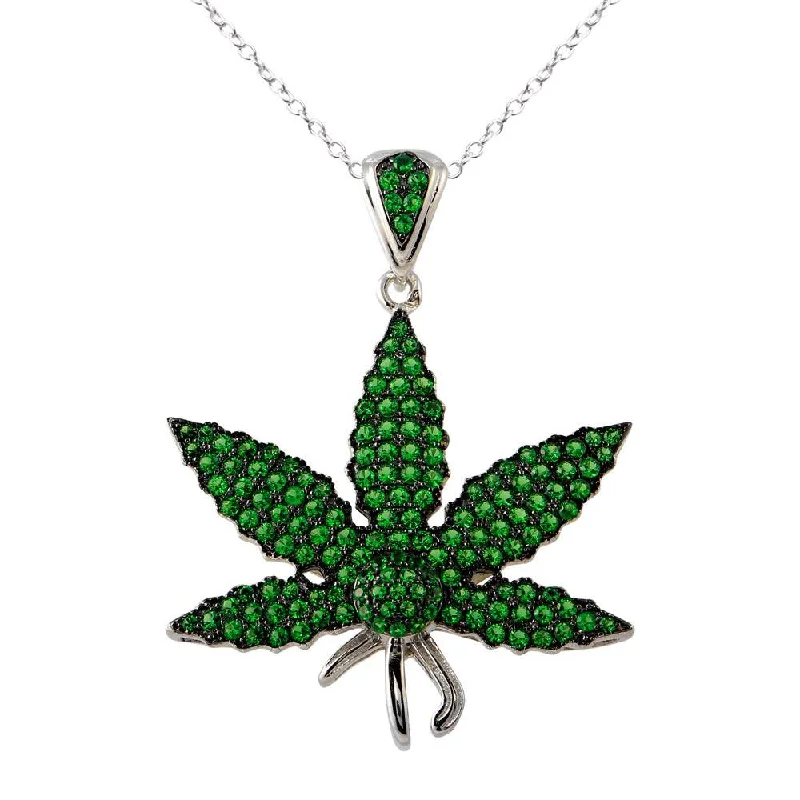 Best necklaces and pendants with vintage coin pendants for a unique accessory-Rhodium Plated 925 Sterling Silver Green CZ Marijuana Leaf Necklace - BGP01340