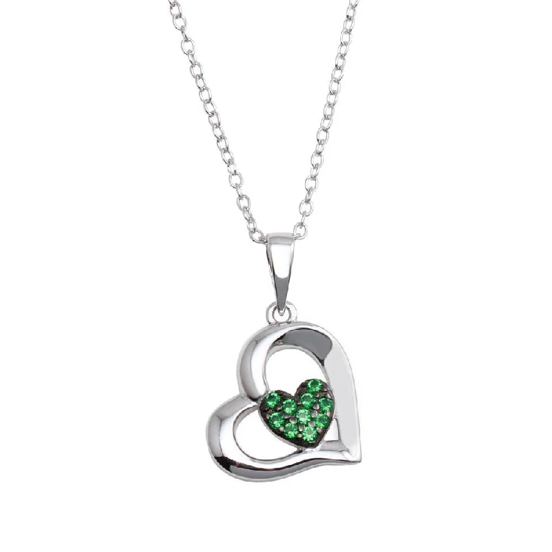 Best necklaces and pendants with matching earrings for a coordinated, elegant look-Rhodium Plated 925 Sterling Silver Heart Pendant Necklace with Green CZ - BGP01292GRN