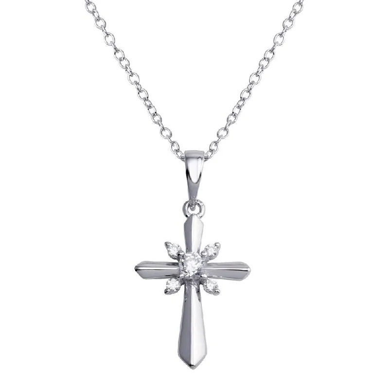 Necklaces and pendants with angel wing motifs for a spiritual, meaningful design-Rhodium Plated 925 Sterling Silver CZ Cross Necklace - BGP01288