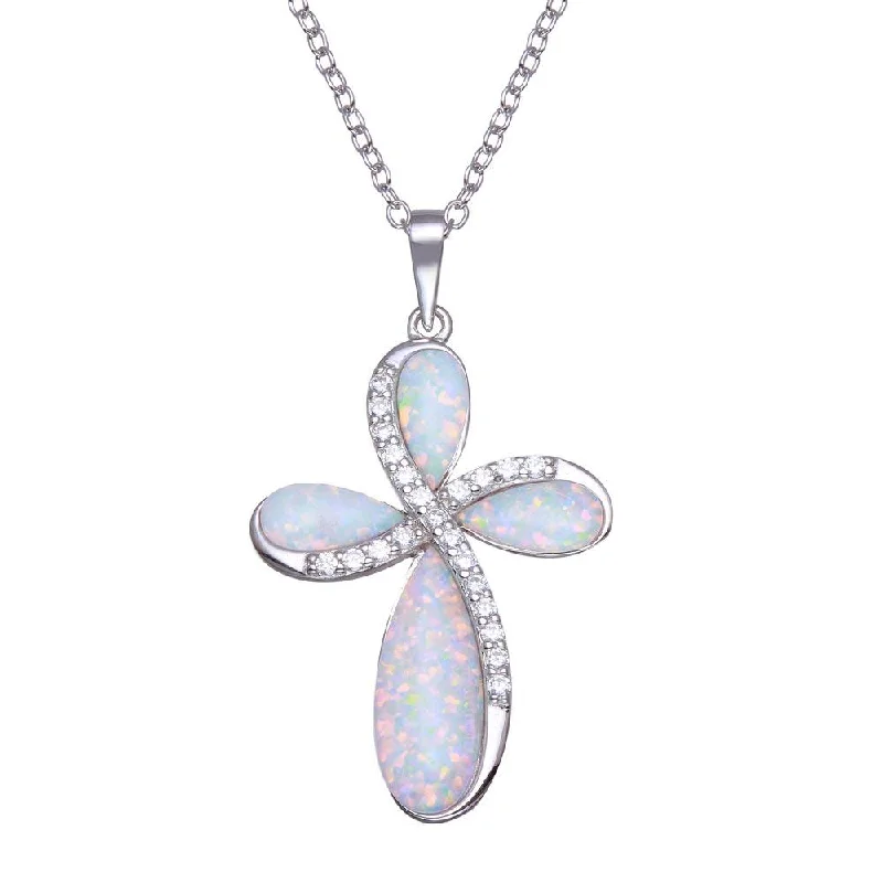 Elegant necklaces and pendants with infinity symbols for timeless designs-Rhodium Plated 925 Sterling Silver Opal Clear CZ Cross Necklace - BGP01358