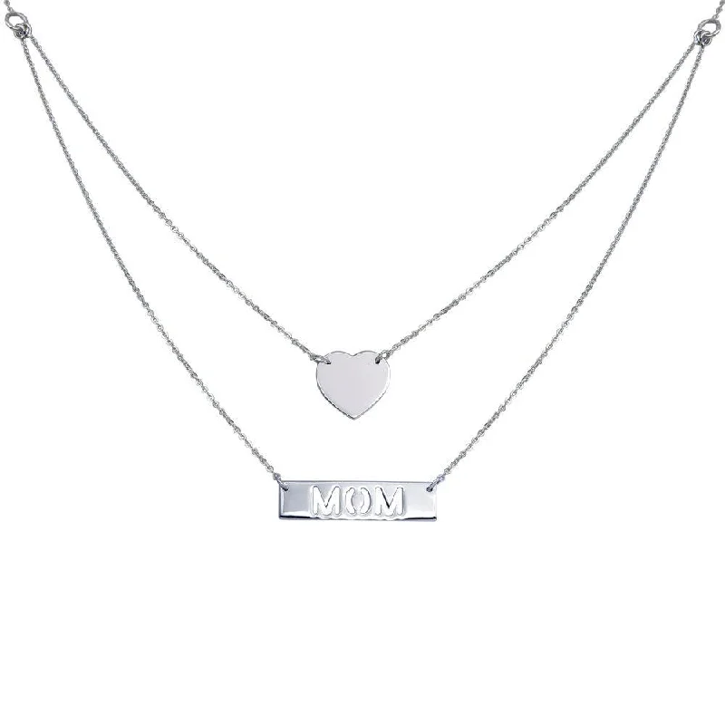 Unique necklaces and pendants with tree of life motifs for nature-inspired elegance-Rhodium Plated 925 Sterling Silver Double Chain Heart and "Mom" Pendant Necklace - DIN00053RH