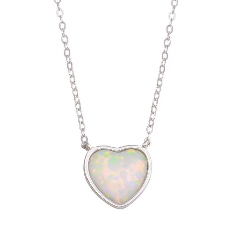 Elegant necklaces and pendants with diamond accents for added sparkle-Rhodium Plated 925 Sterling Silver Heart Synthetic Opal Necklace with CZ - STP01739