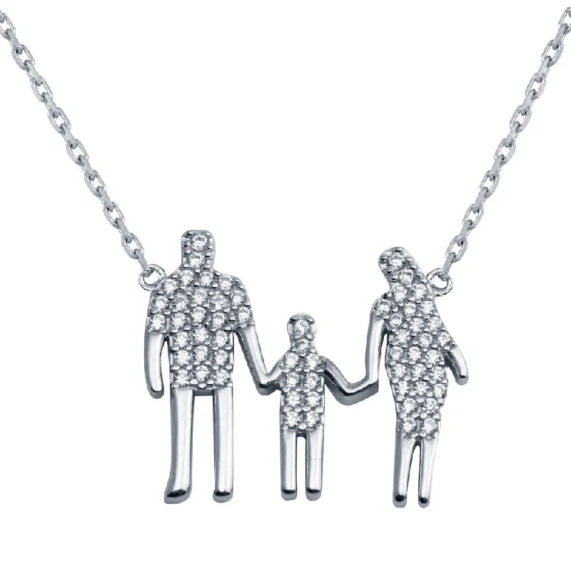 Necklaces and pendants with lock and key designs for a symbolic gesture-Rhodium Plated 925 Sterling Silver Mom, Dad, And A Boy Family Necklace - GMN00044