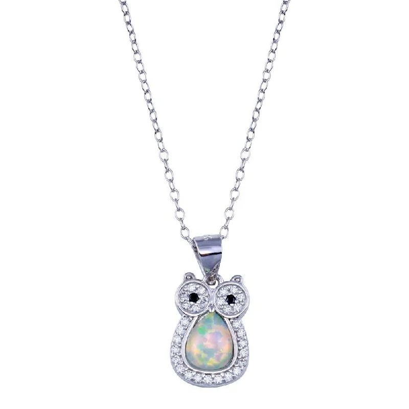 Stunning necklaces and pendants with sapphire gemstones for a luxurious blue hue-Rhodium Plated 925 Sterling Silver Owl Synthetic Opal Necklace with CZ - STP01748