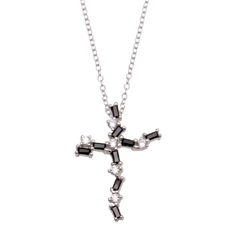 Necklaces and pendants with sun and moon motifs for a celestial-inspired design-Rhodium Plated 925 Sterling Silver Crooked Cross Pendant Necklace with Black and Clear CZ - BGP01285