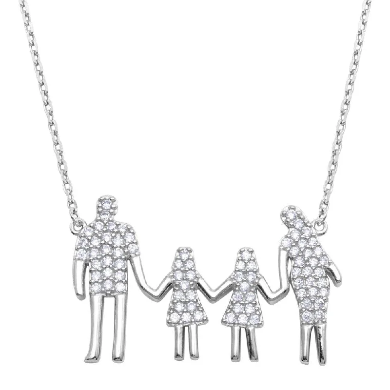 Best necklaces and pendants with vintage lockets for a nostalgic, sentimental look-Rhodium Plated 925 Sterling Silver Mom, Dad, and 2 Daughters Family Necklace with CZ - GMN00060