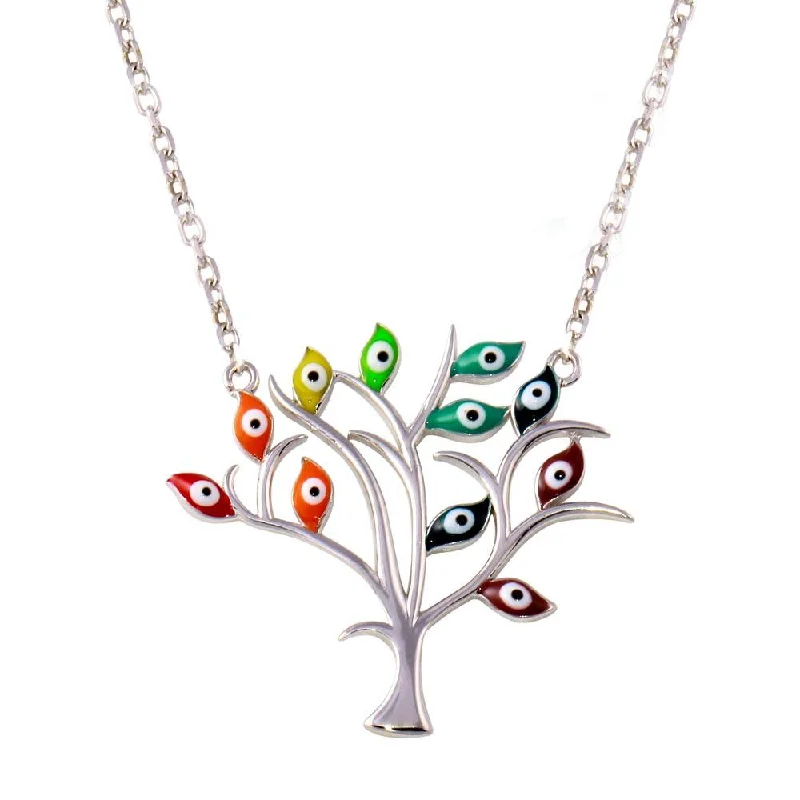 Necklaces and pendants with leaf-shaped designs for an earthy, organic feel-Rhodium Plated 925 Sterling Silver Evil Eye Tree of Life Necklaces - STP01738