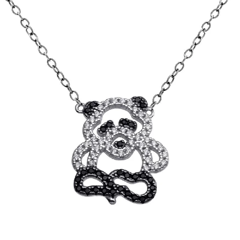 Best necklaces and pendants with infinity hearts for a romantic, eternal symbol-Rhodium Plated 925 Sterling Silver Black and Clear Outline CZ Panda Bear Necklace - BGP01375