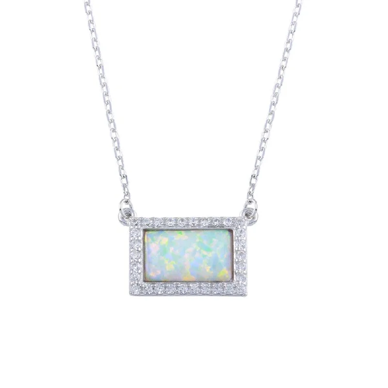 Best necklaces and pendants with intricate filigree for vintage-inspired elegance-Rhodium Plated 925 Sterling Silver Rectangle Opal Pendant Necklace with CZ - BGP01316