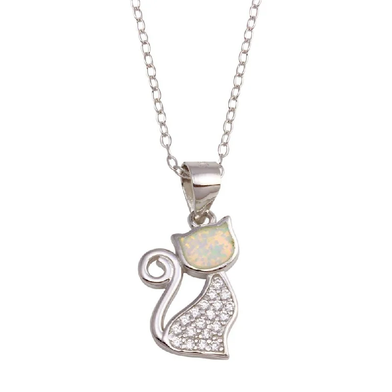 Personalized necklaces and pendants with name engravings for a custom touch-Rhodium Plated 925 Sterling Silver CZ Opal Cat Necklace - STP01746